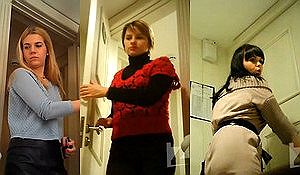 В туалете подсматривают за симпатичными молодыми девками